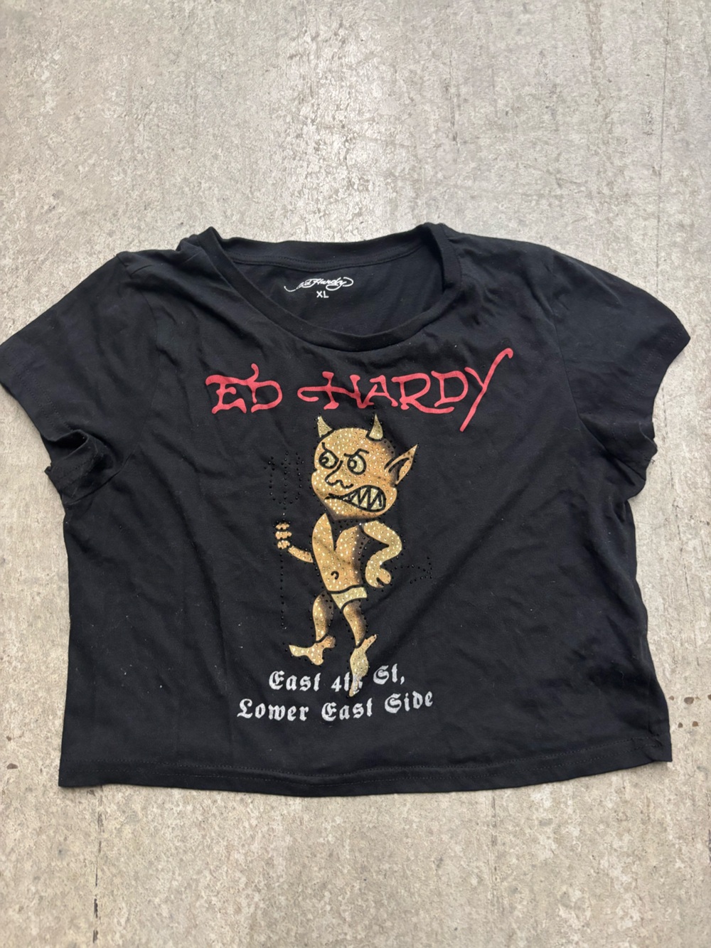 Ed Hardy Black Cat Graphic Tee with Gold Glitter and Red Logo
